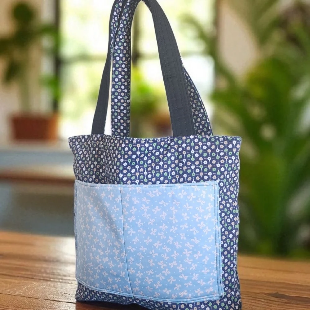 Blue and Black Polka Dot Tote Bag with Sturdy Handles